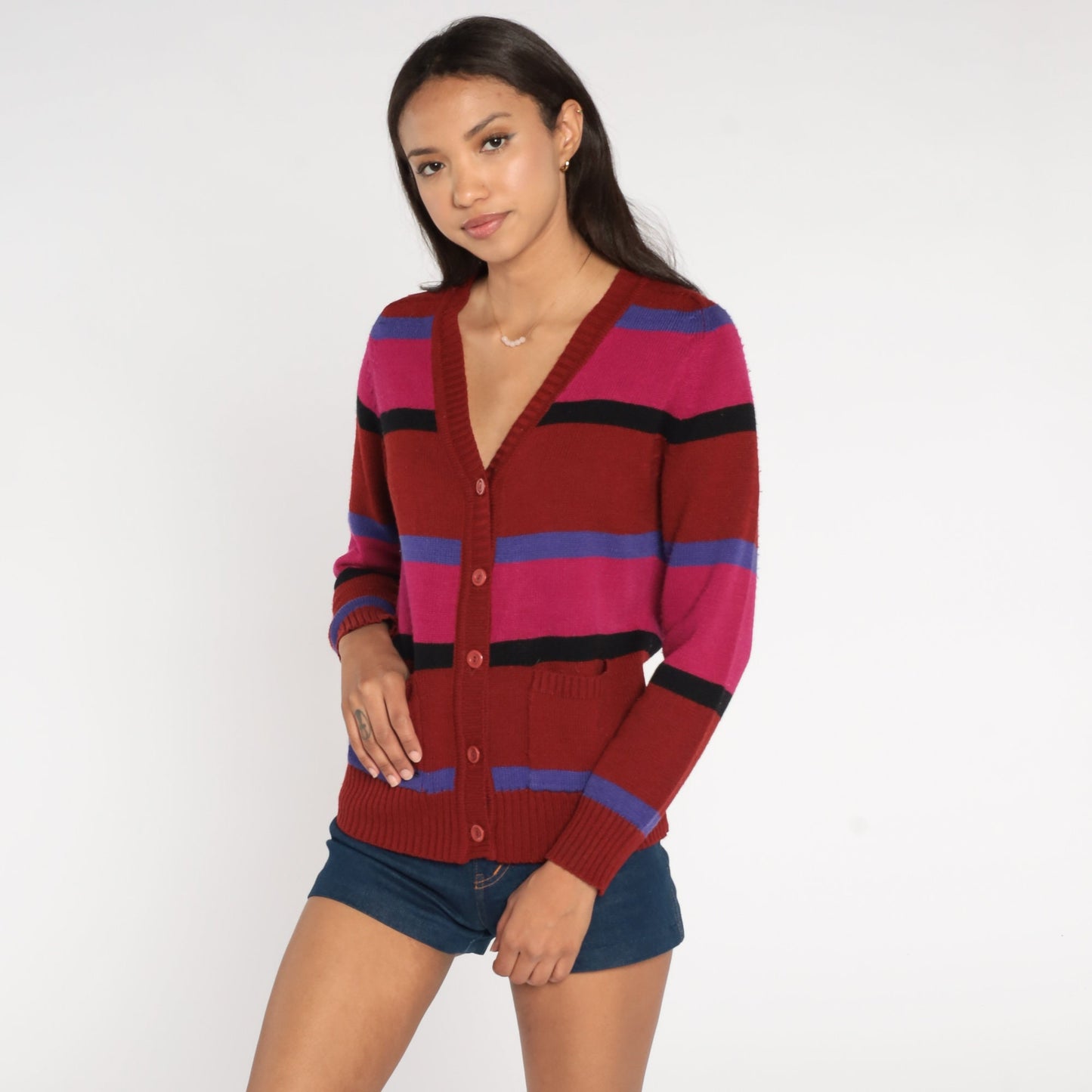 70s Striped Cardigan Rust Red Pink Purple V-Neck Button-Up Knit Small