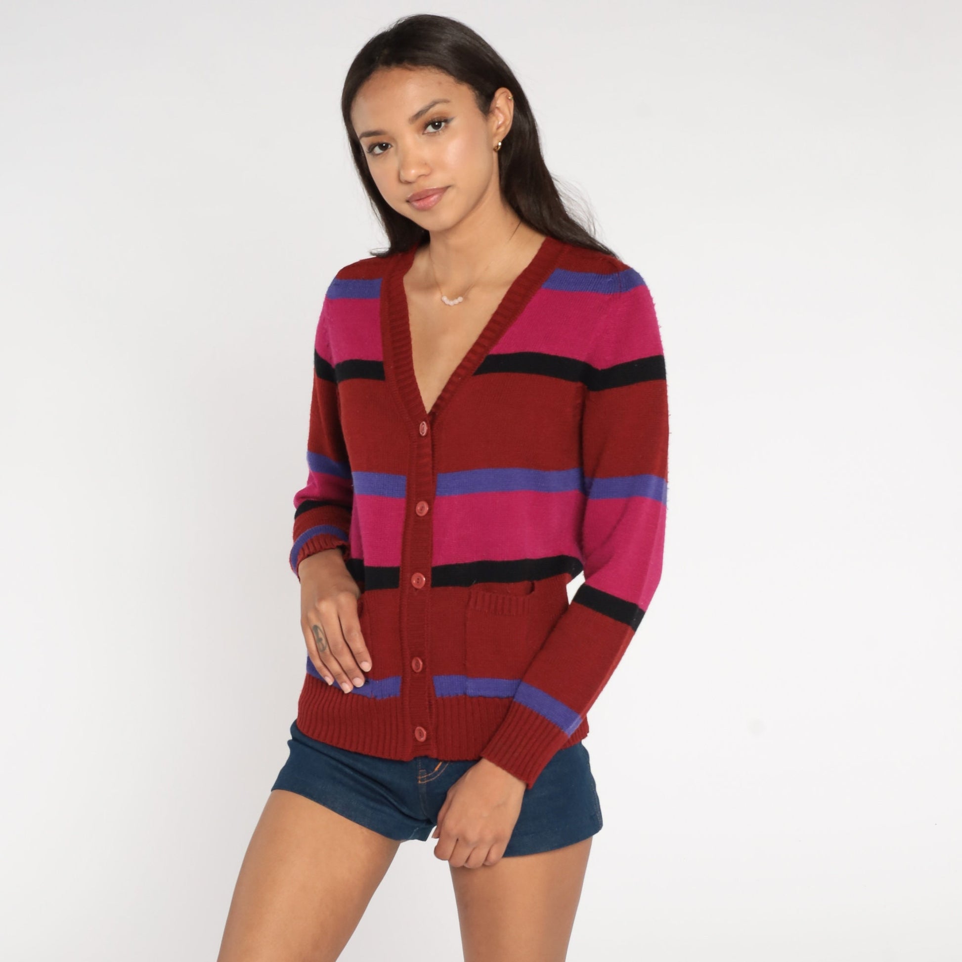 70s Striped Cardigan Rust Red Pink Purple V-Neck Button-Up Knit Small