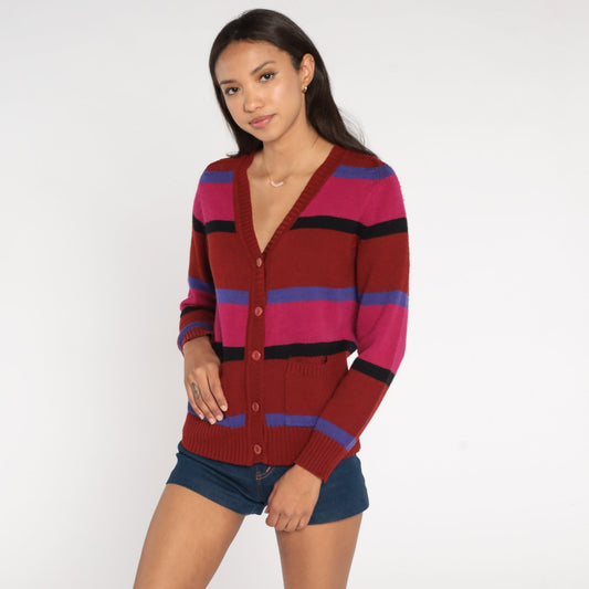 70s Striped Cardigan Rust Red Pink Purple V-Neck Button-Up Knit Small