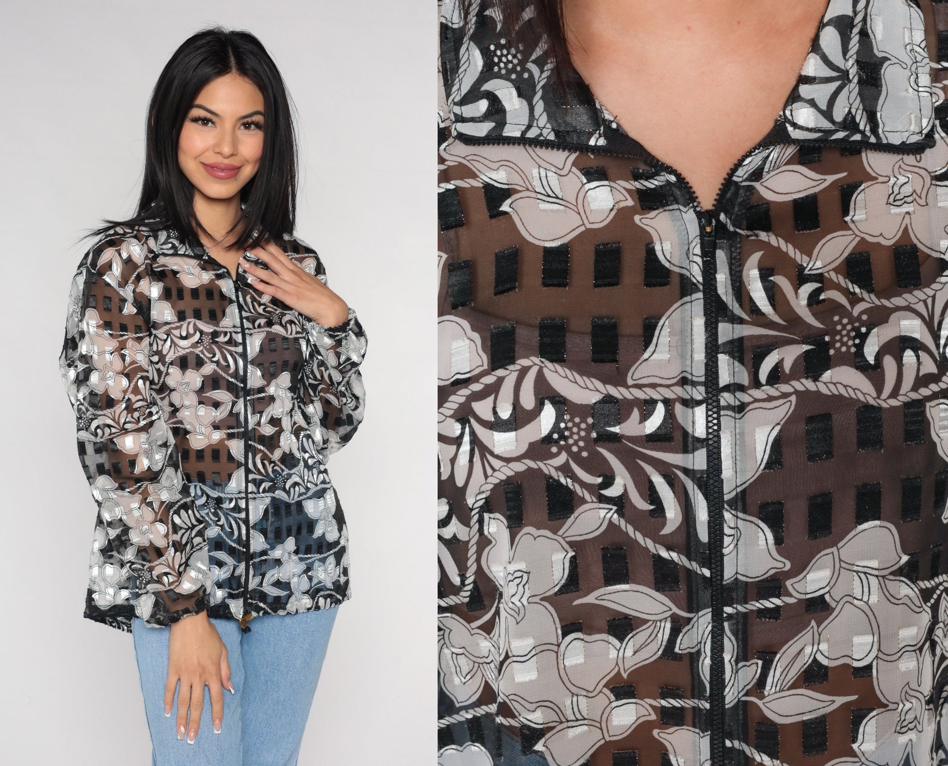 00s Sheer Orchid Floral Jacket Black White Zip Windbreaker Large L