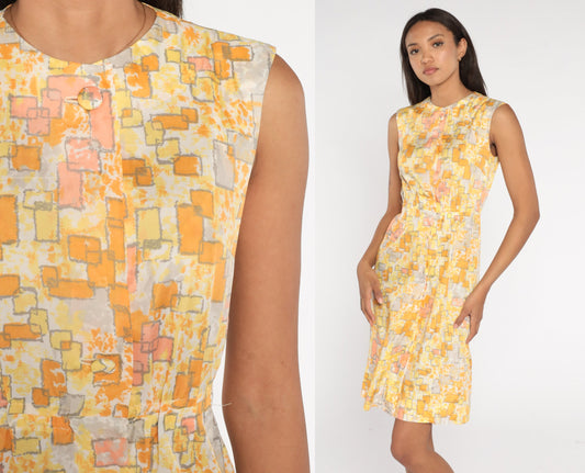60s Geometric Print Button-Up Mini Dress Yellow Orange High Waist Extra Small