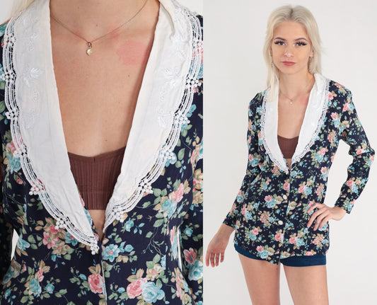 80s Floral Navy Button Up Blouse White Embroidered Collar Deep V Neck Small
