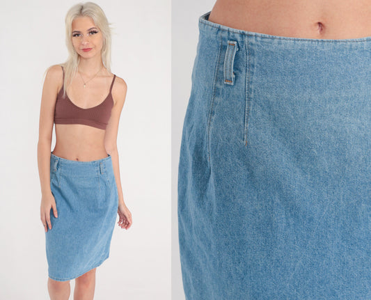 90s High Waisted Denim Pencil Skirt Blue Knee Length Cotton Medium