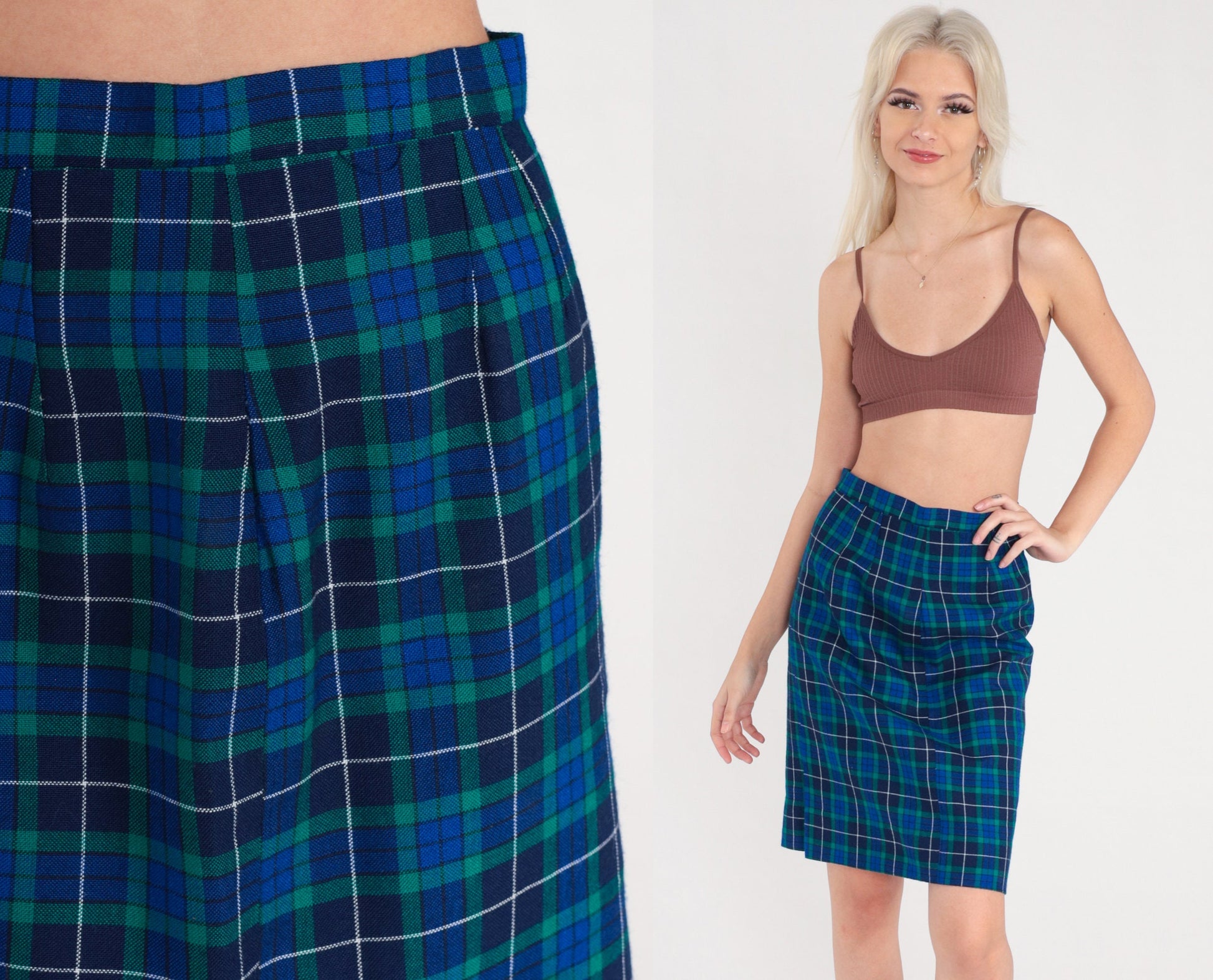 60s Navy Green Plaid Wool Skirt High Waisted Knee Length Small