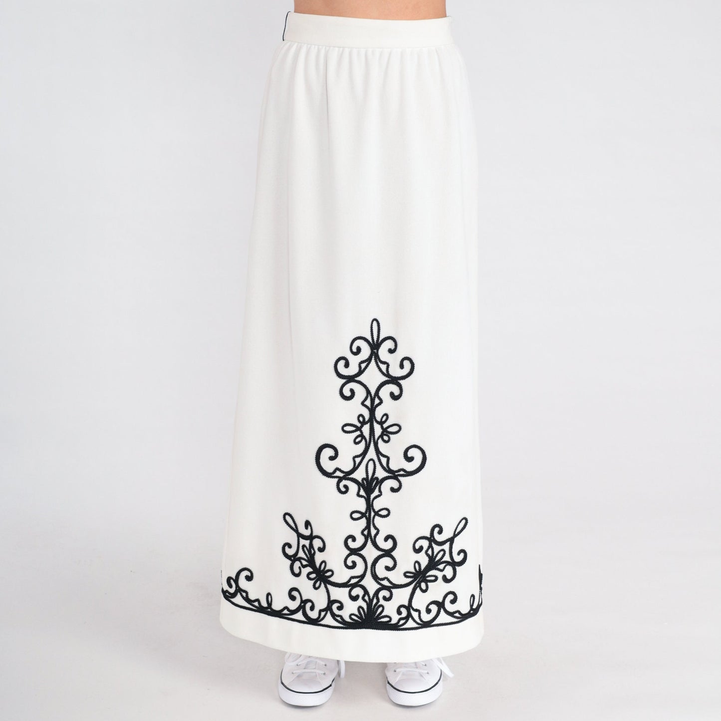 70s White Maxi Skirt Black Soutache Trim High Waist Column Extra Small