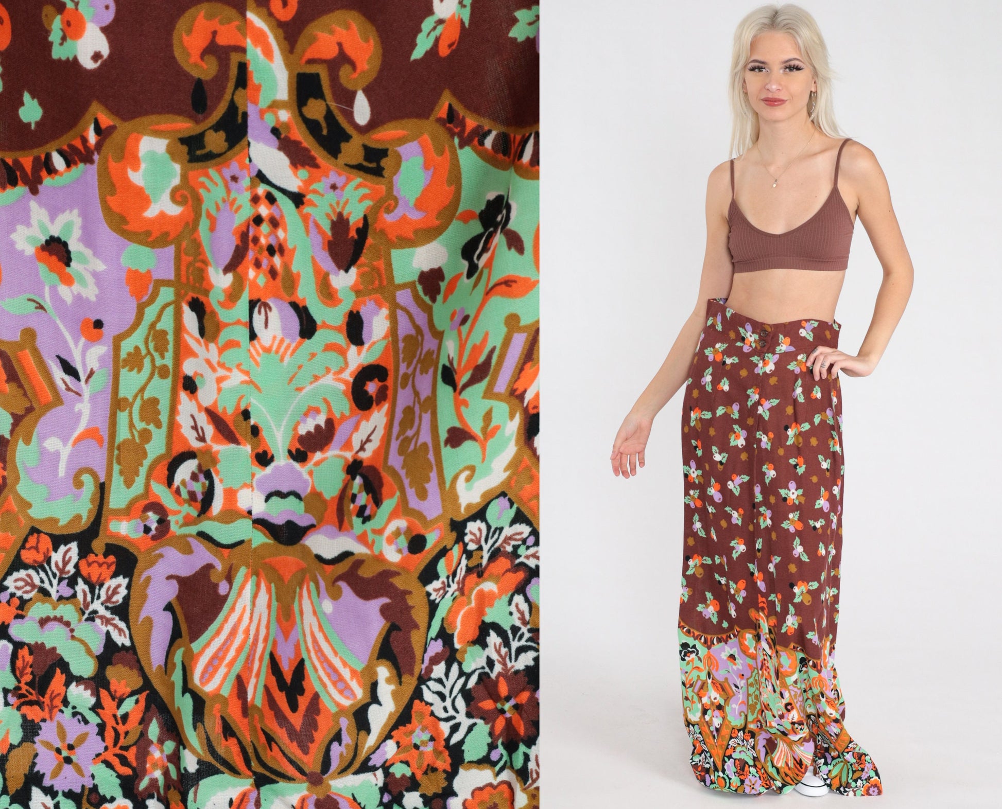 70s Young Edwardian Floral Maxi Skirt High Waist Brown Small
