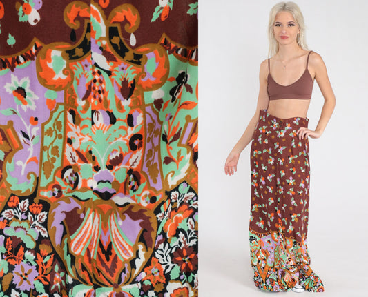 70s Young Edwardian Floral Maxi Skirt High Waist Brown Small
