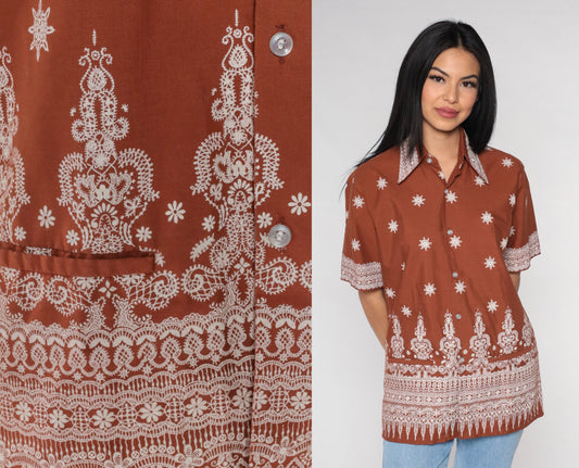 90s Batik Floral Button Up Shirt Brown White Geometric Print Medium