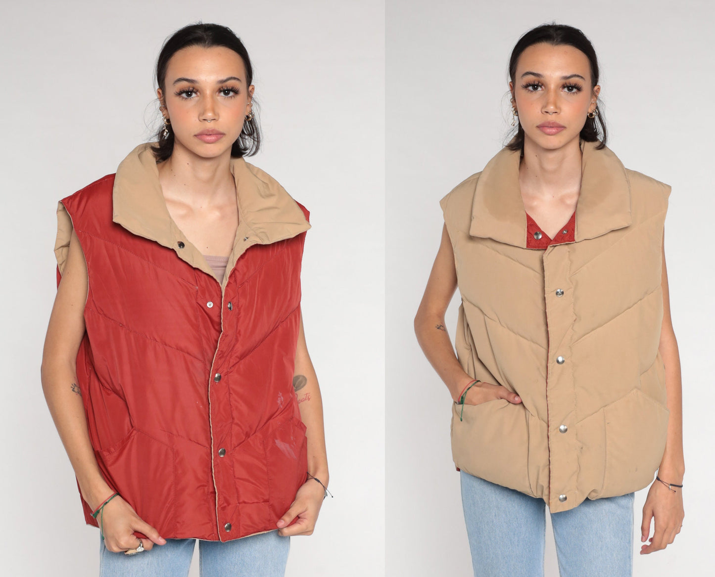 70s Reversible Puffer Vest Rust Brown Tan Down Nylon Snap Front Medium