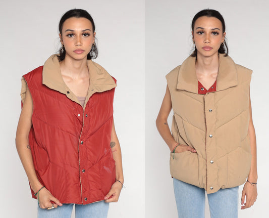 70s Reversible Puffer Vest Rust Brown Tan Down Nylon Snap Front Medium