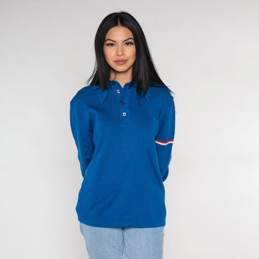 70s Meister Blue Striped Knit Polo Sweater Collared Large L