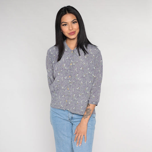 90s Leaf Floral Button-Up Blouse Purple Grey 3/4 Sleeve Pleated Shirt Large L