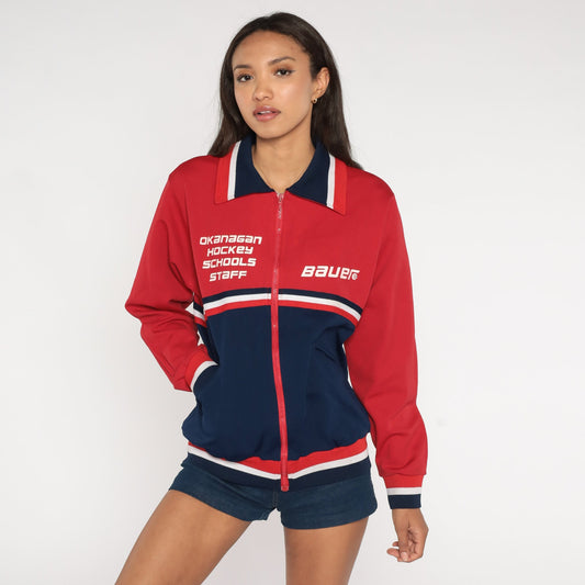 80s Okanagan Hockey Schools Track Jacket Red Navy Zip Up Large L