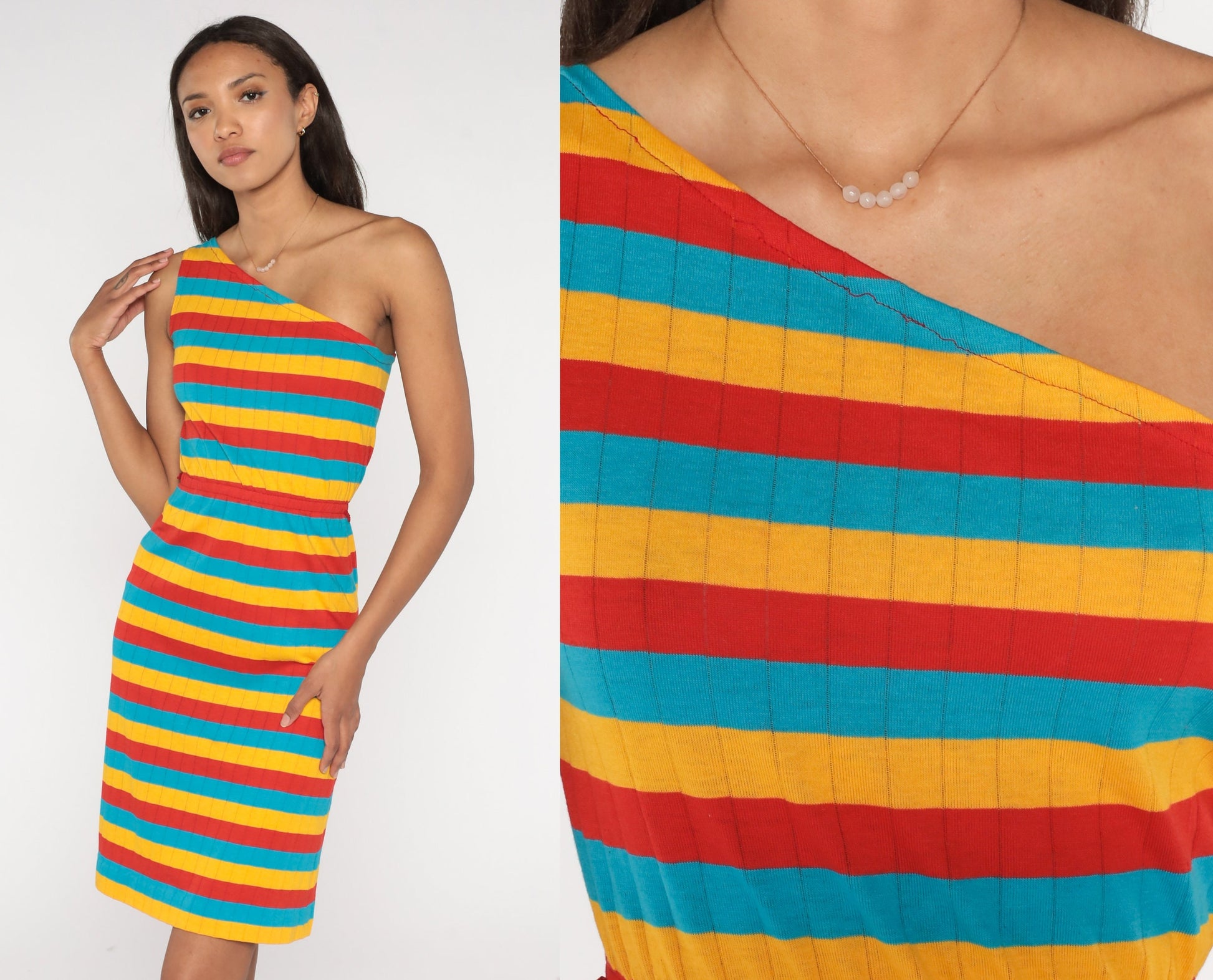 70s One-Shoulder Striped Mini Dress Bright Summer Sundress Extra Small