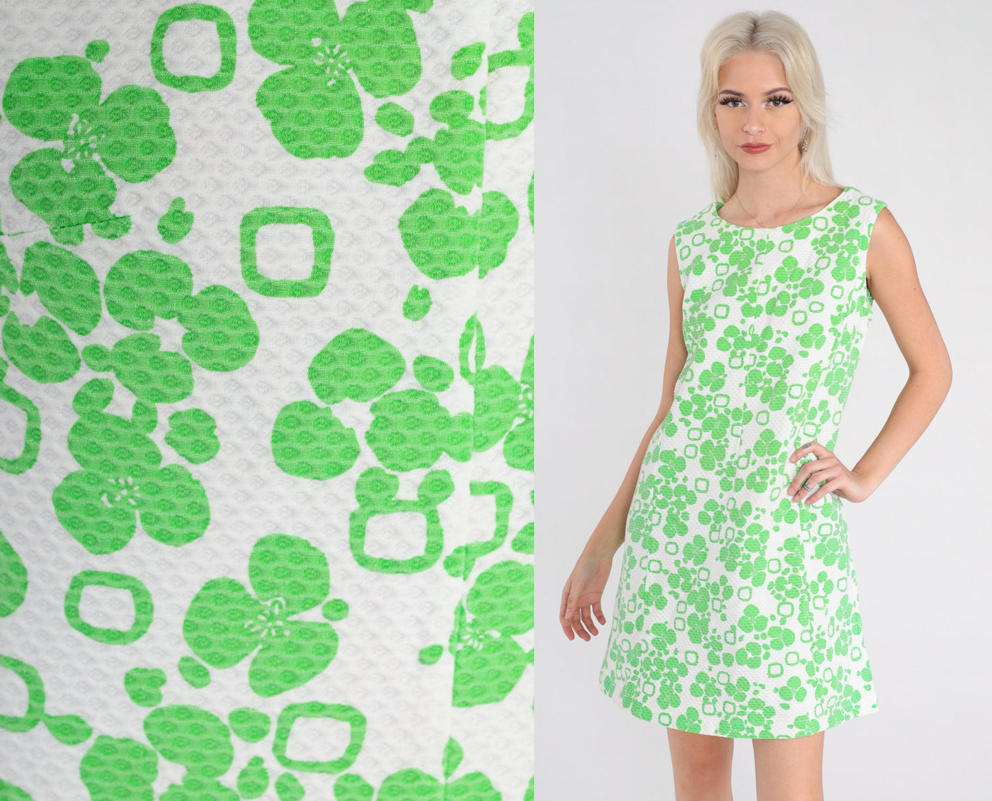 60s Lime Green Floral Shift Mini Dress Sleeveless Medium