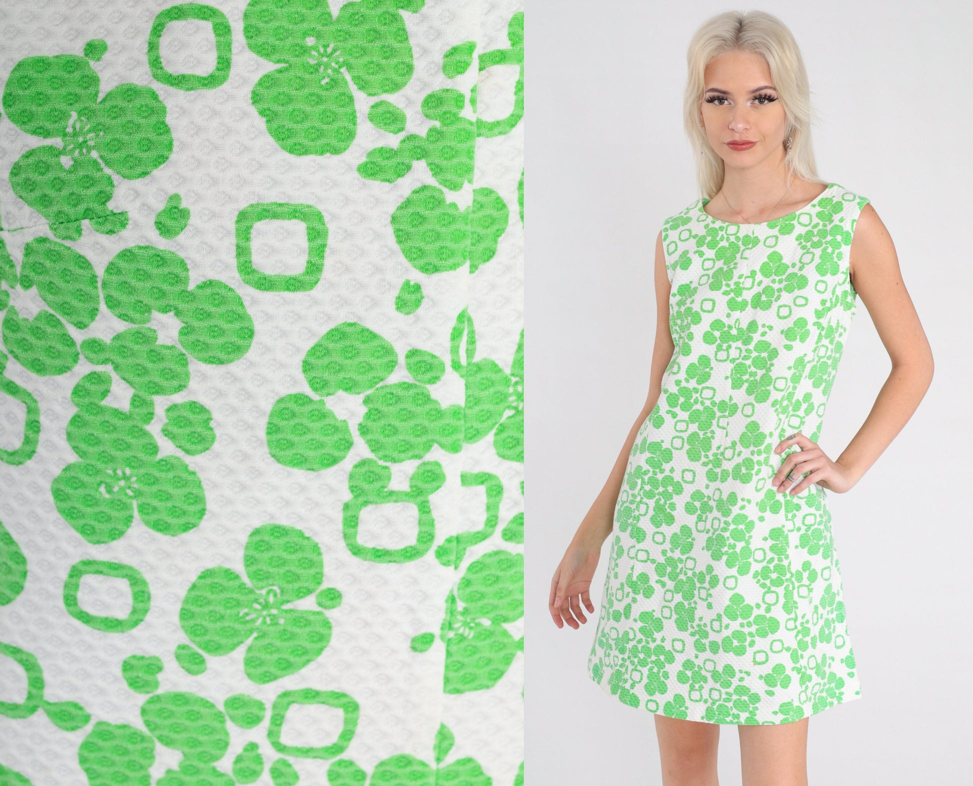 60s Lime Green Floral Shift Mini Dress Sleeveless Medium