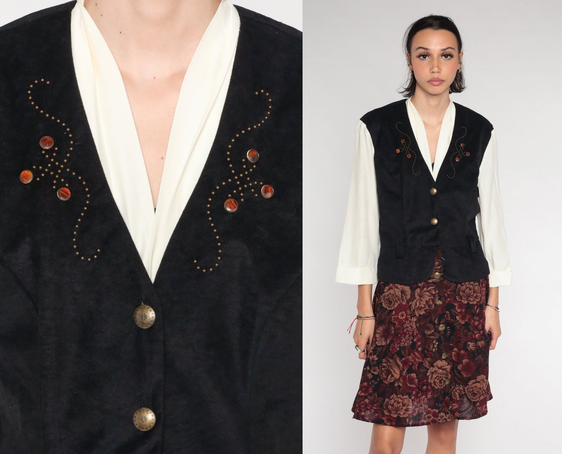 90s Layered Vest Dress White Floral Mini Button-Up Black Long Sleeve Medium
