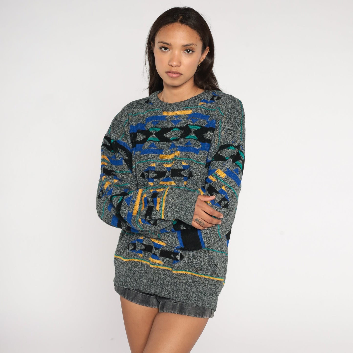 90s Southwestern Geometric Knit Sweater Grey Crewneck Pullover Extra Large