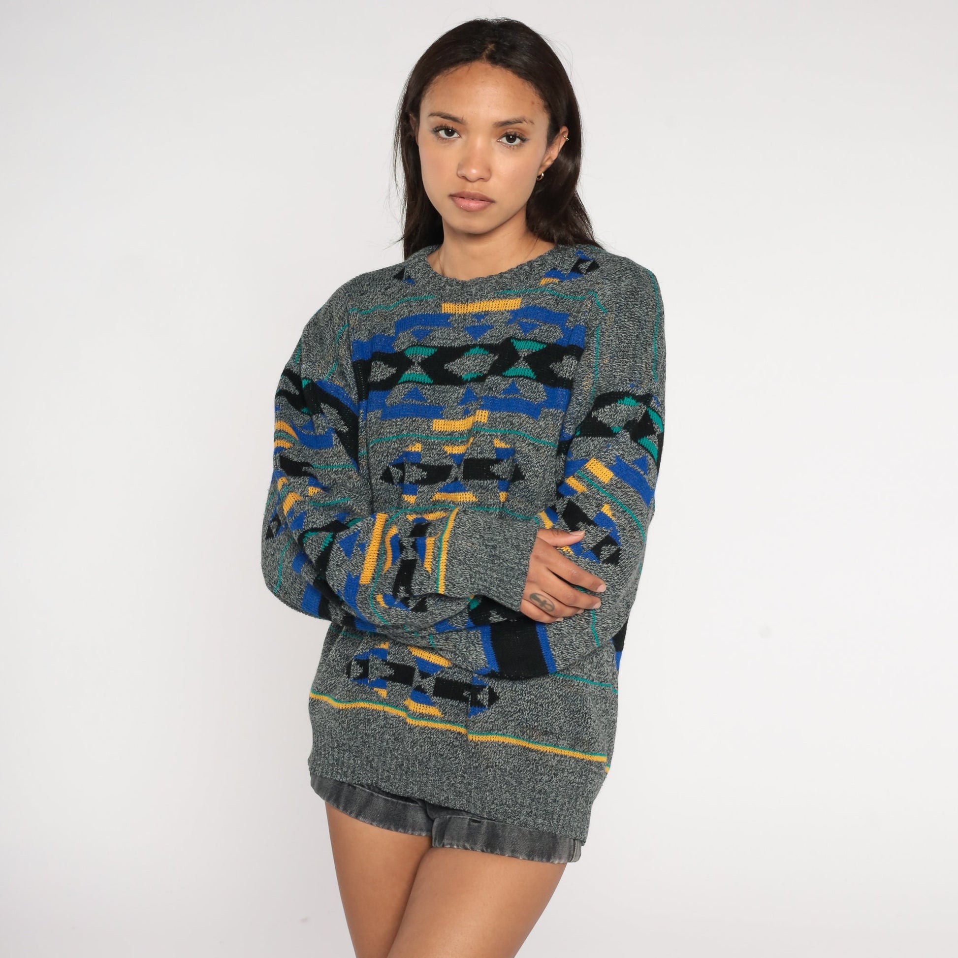 90s Southwestern Geometric Knit Sweater Grey Crewneck Pullover Extra Large
