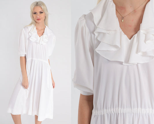 70s White Ruffle Midi Dress Puff Sleeve High Waist V Neck Medium Large