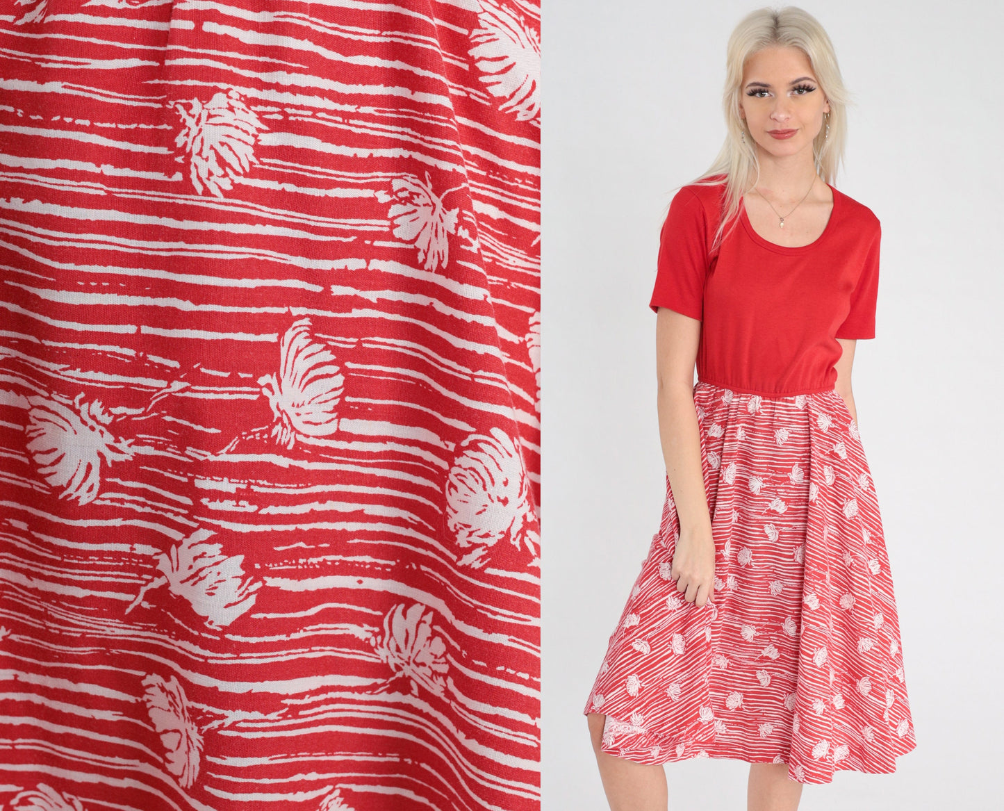 70s Red Floral Midi Dress High Waist Scoop Neck Short Sleeve Small Medium