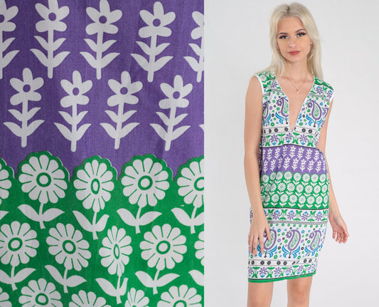 70s Floral Shift Dress Deep V Neck Sleeveless Mini Purple Green White Small
