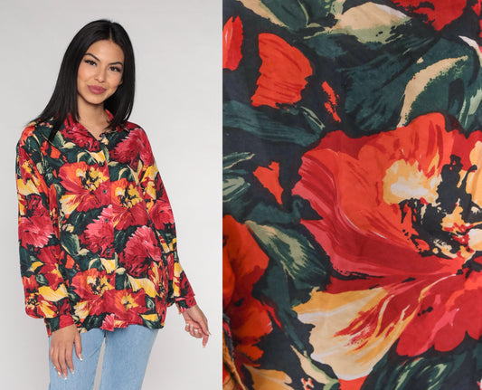 90s Silk Floral Button-Up Blouse Long Sleeve Poppy Print Red Medium M