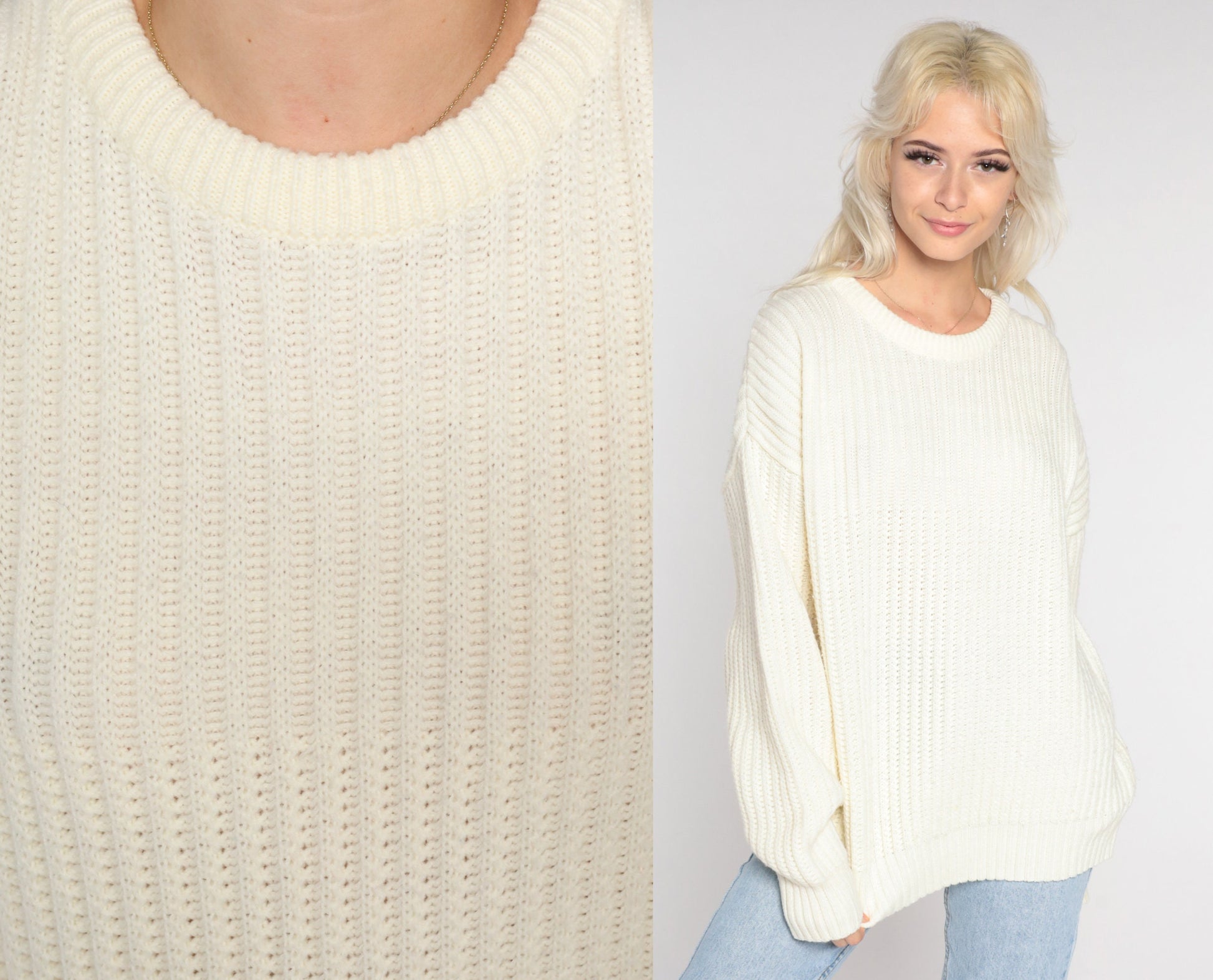 90s High Sierra Off-White Ribbed Knit Crewneck Pullover Sweater Large L
