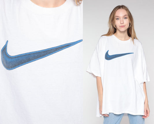Y2K Nike Swoosh T-Shirt White Navy Graphic Tee 00s Cotton Crewneck Extra Extra Large XXL
