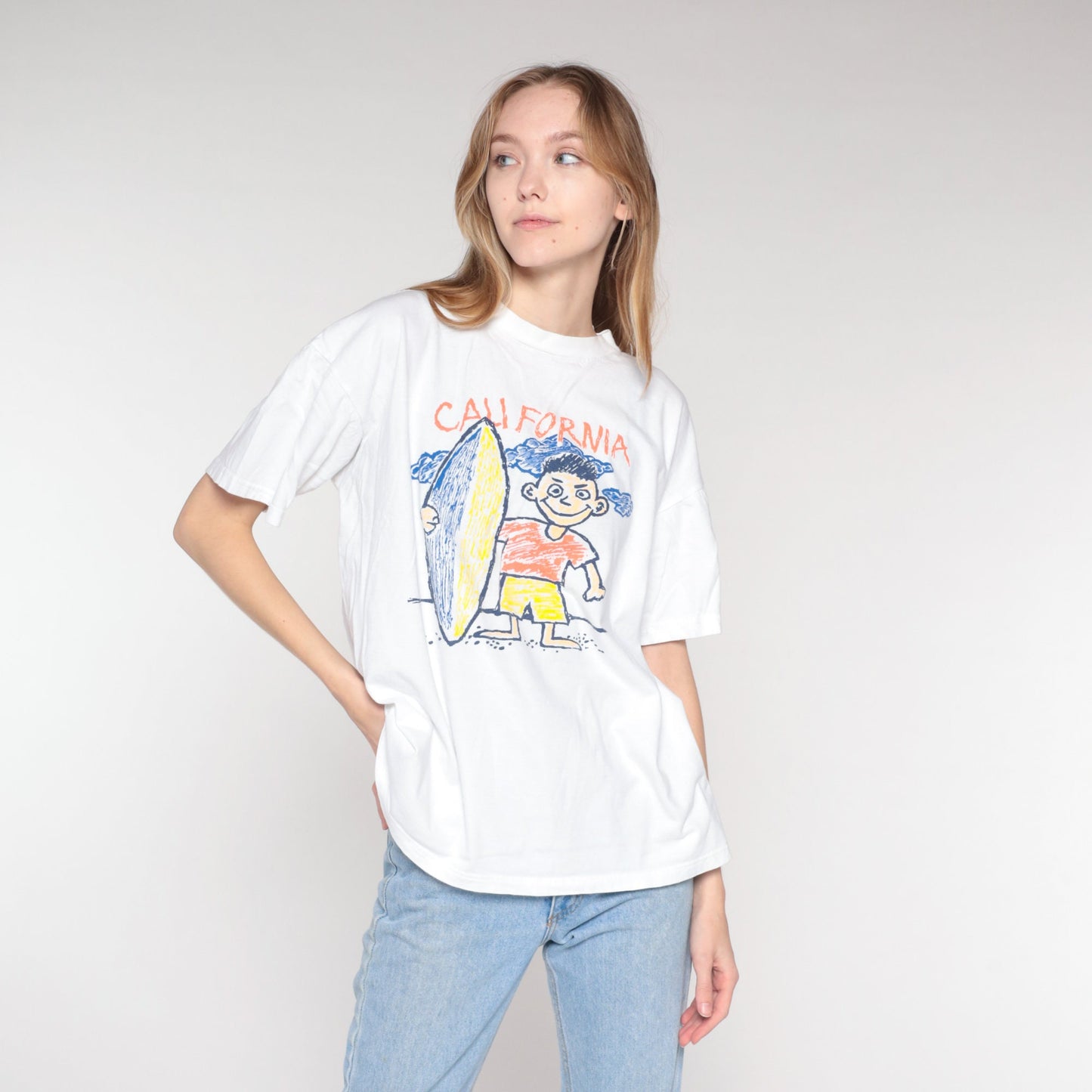 90s California Surfer Boy Graphic T-Shirt White Cotton Extra Large XL