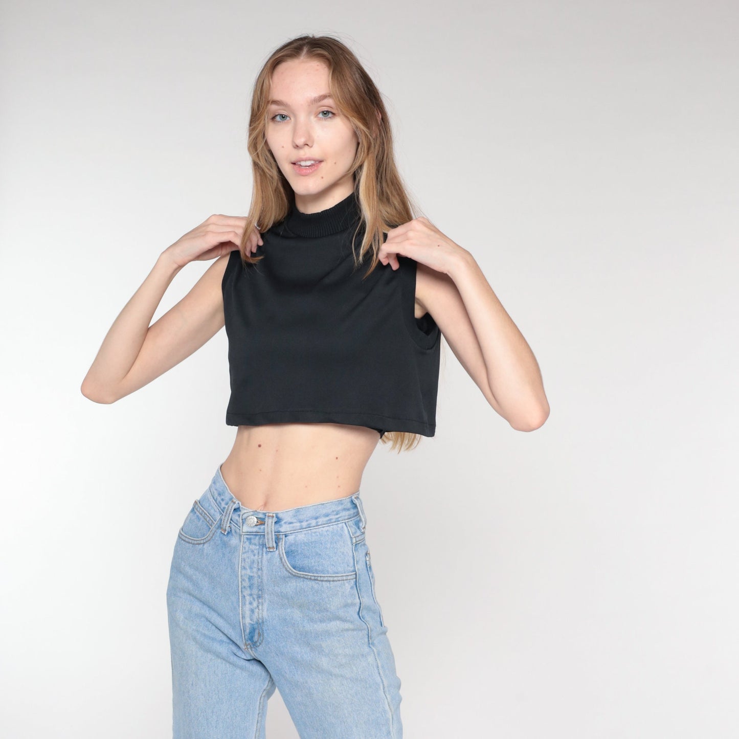 70s Black Mock Neck Crop Tank Top Sleeveless Small S