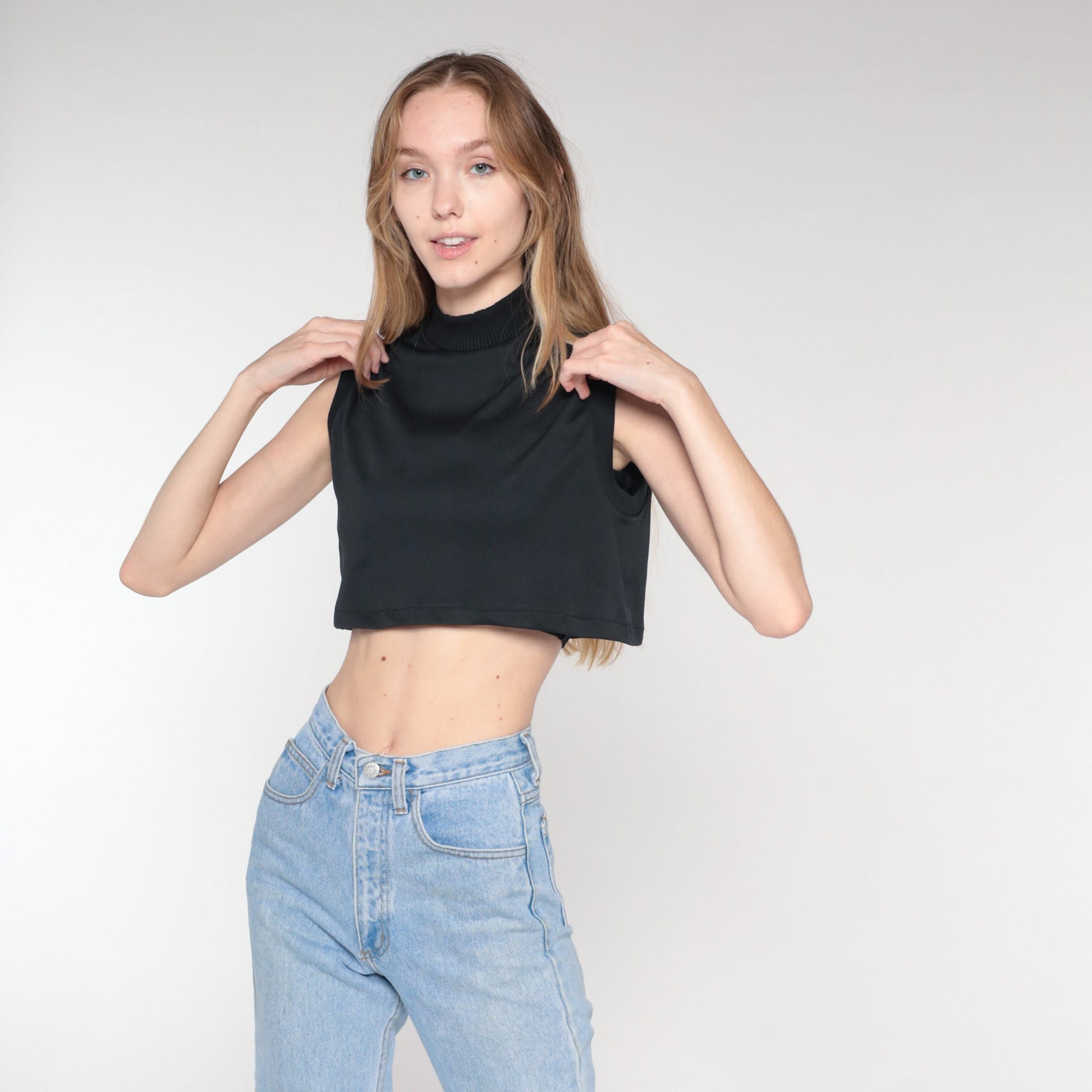 70s Black Mock Neck Crop Tank Top Sleeveless Small S