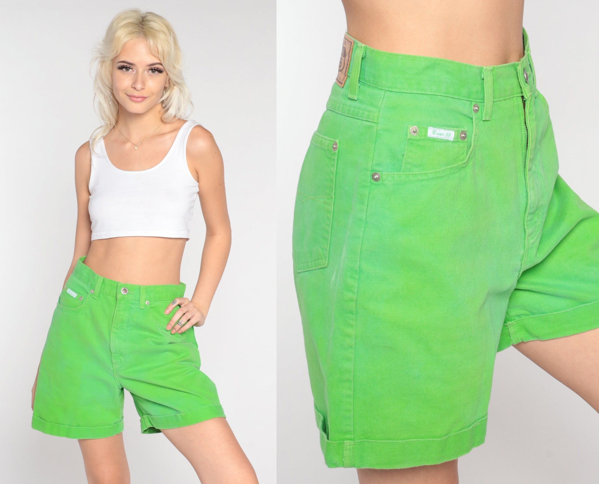 Y2K Lime Green High-Waisted Denim Shorts Route 66 Cotton Small