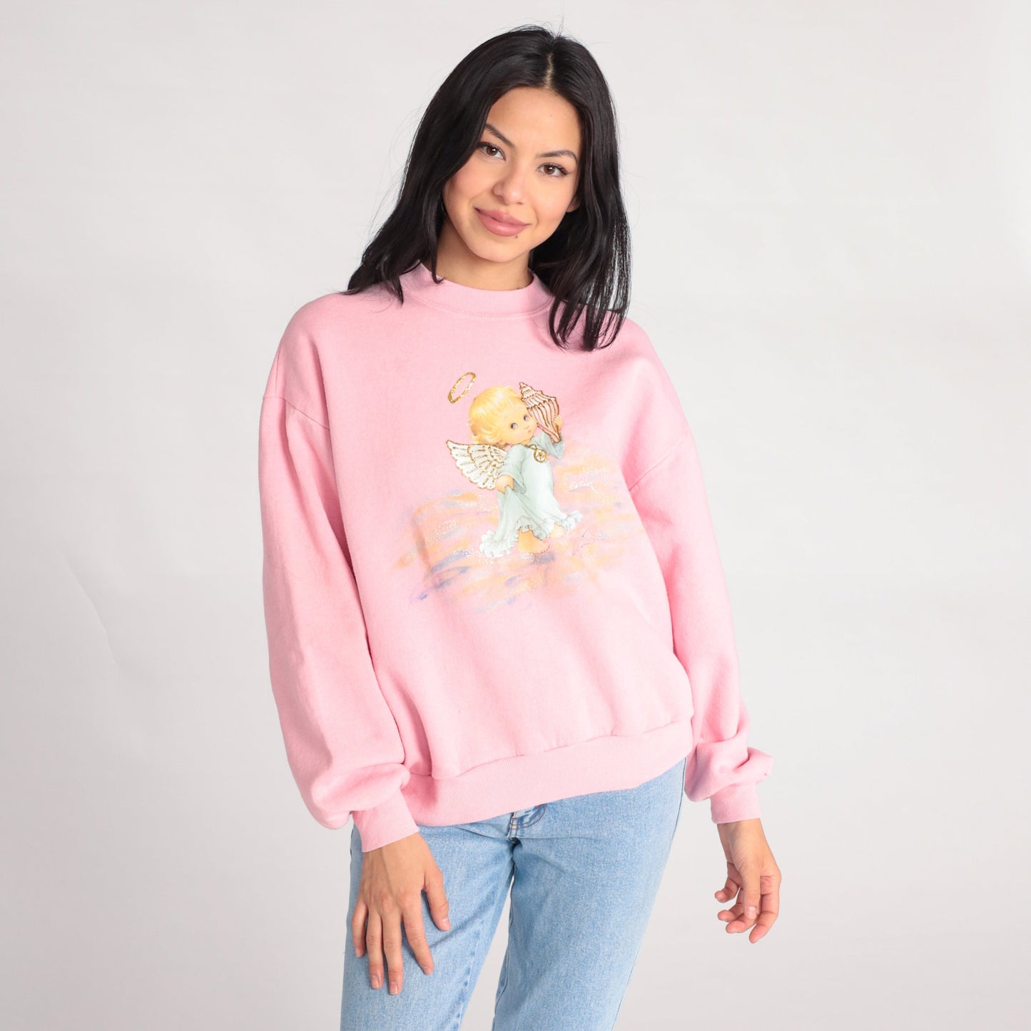 90s Jerzees Baby Angel Beach Sweatshirt Pink Graphic Crewneck Large