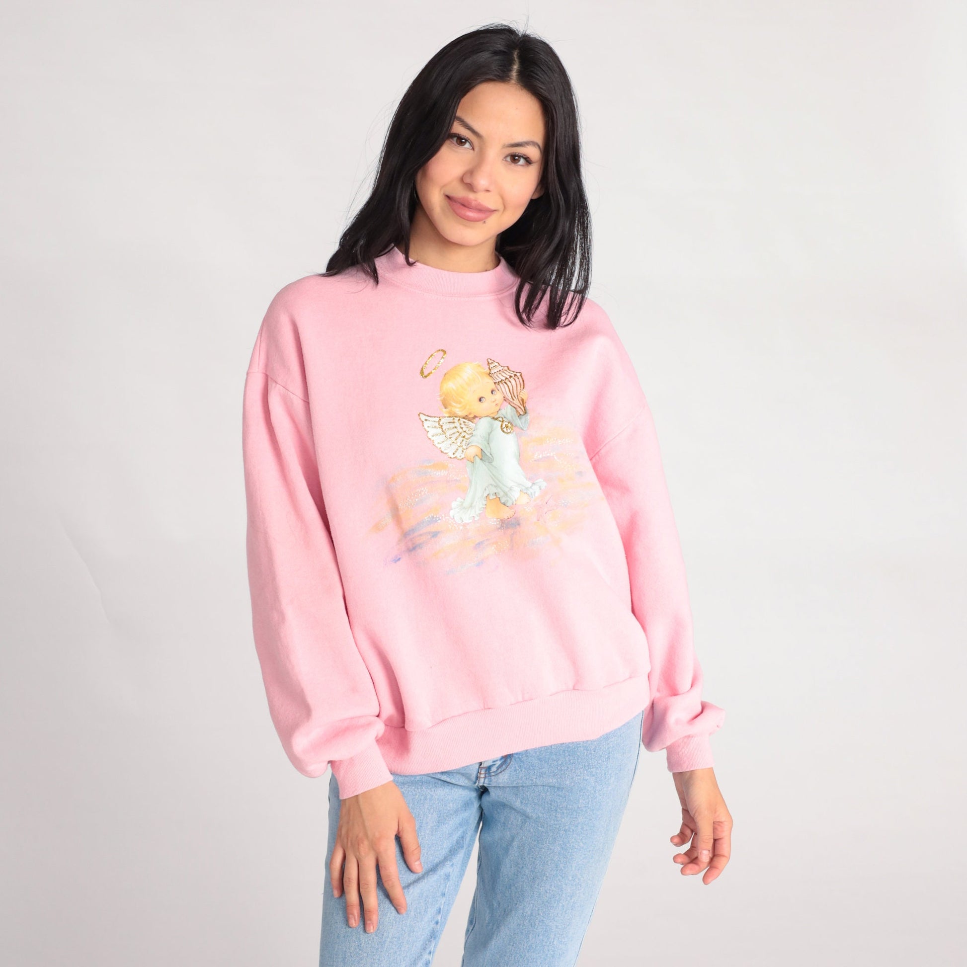 90s Jerzees Baby Angel Beach Sweatshirt Pink Graphic Crewneck Large