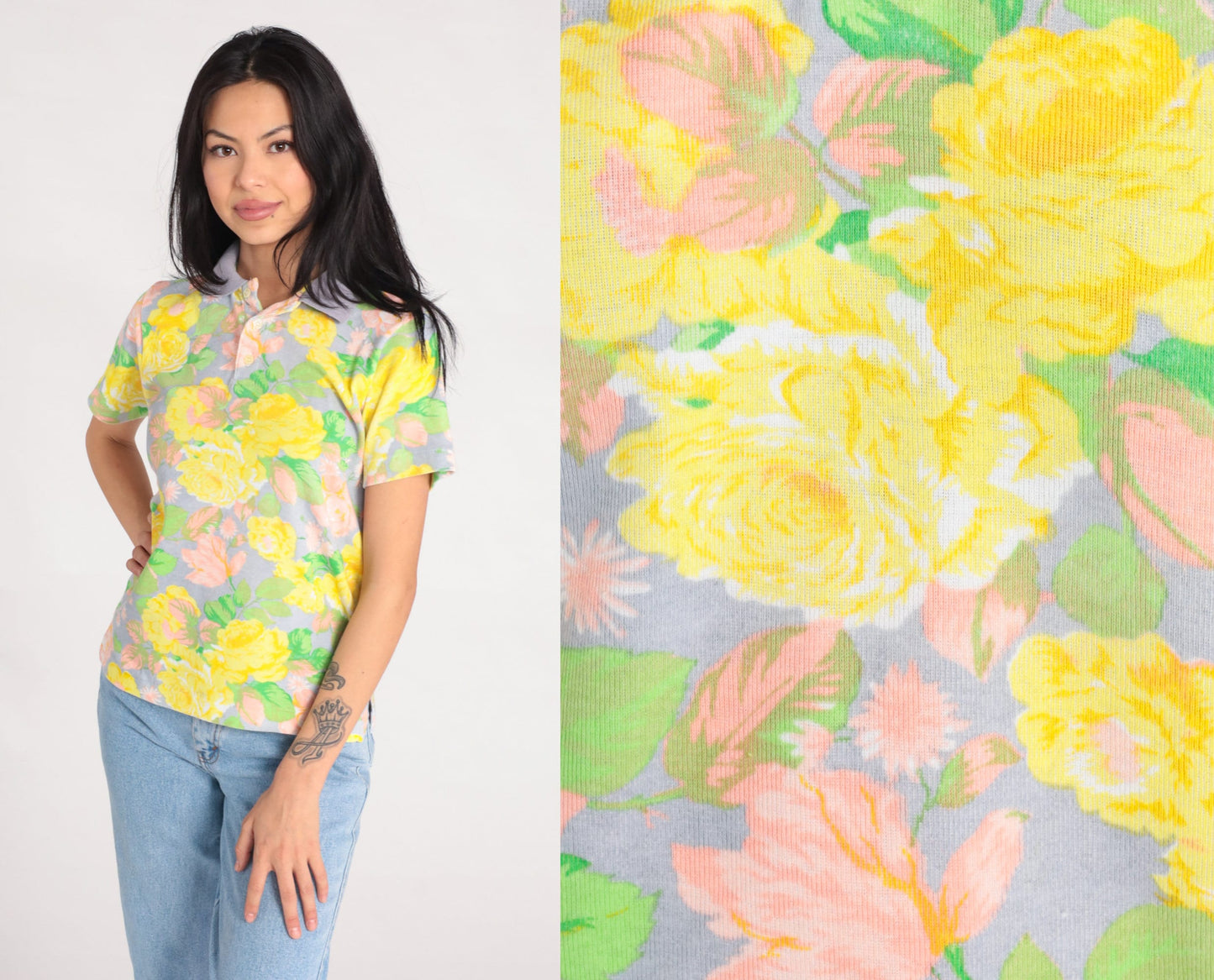 90s Floral Polo Shirt Yellow Flower Print Cotton Collared Small