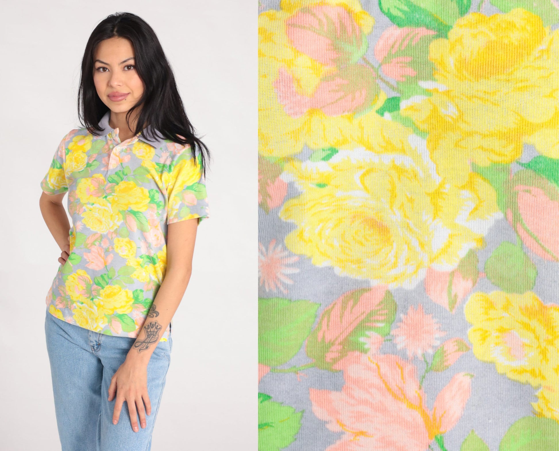 90s Floral Polo Shirt Yellow Flower Print Cotton Collared Small