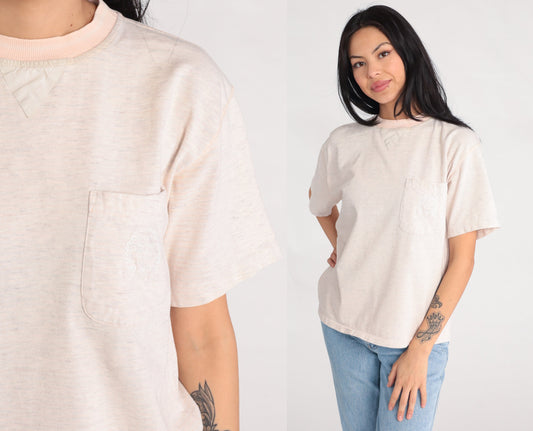 90s Fruit of the Loom Heathered Grey Pocket Tee Embroidered Crest Medium
