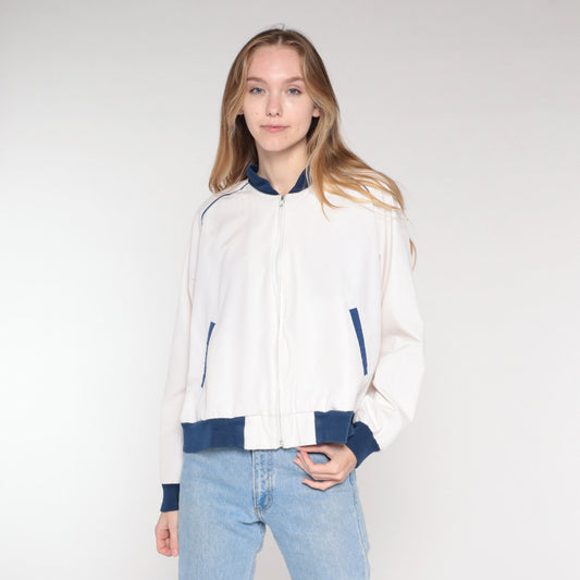 80s White Bomber Jacket Blue Trim Windbreaker Zip Front Large L