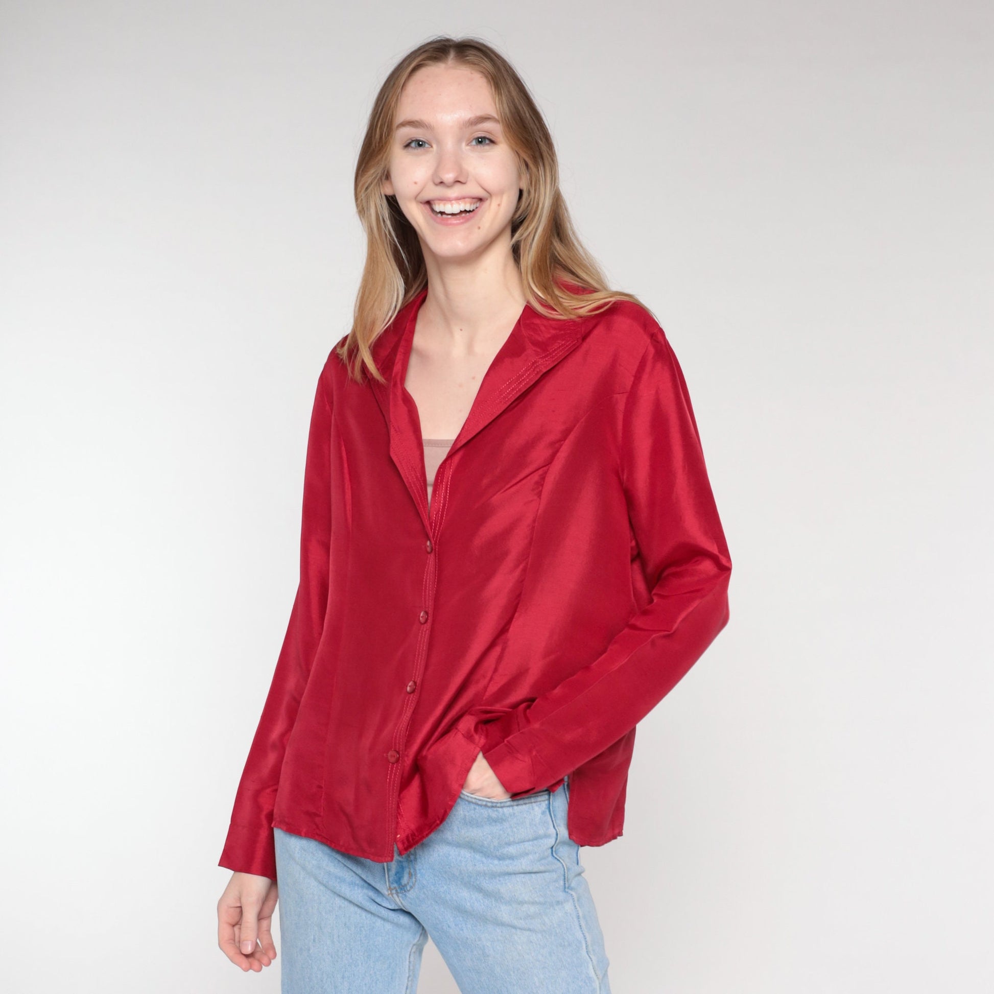 00s Red Silk Button-Up Blouse Long Sleeve Shirt Extra Large XL