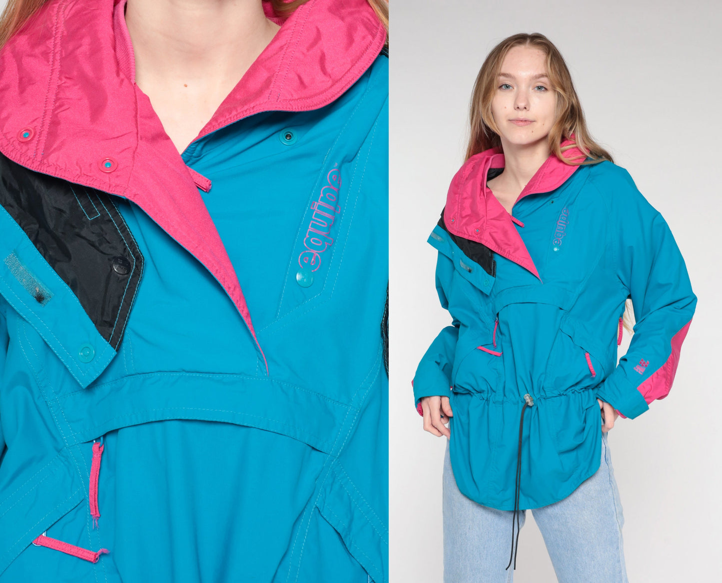 80s Blue Pink Hooded Ski Jacket Pullover Windbreaker Nylon Medium M