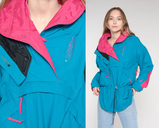 80s Blue Pink Hooded Ski Jacket Pullover Windbreaker Nylon Medium M