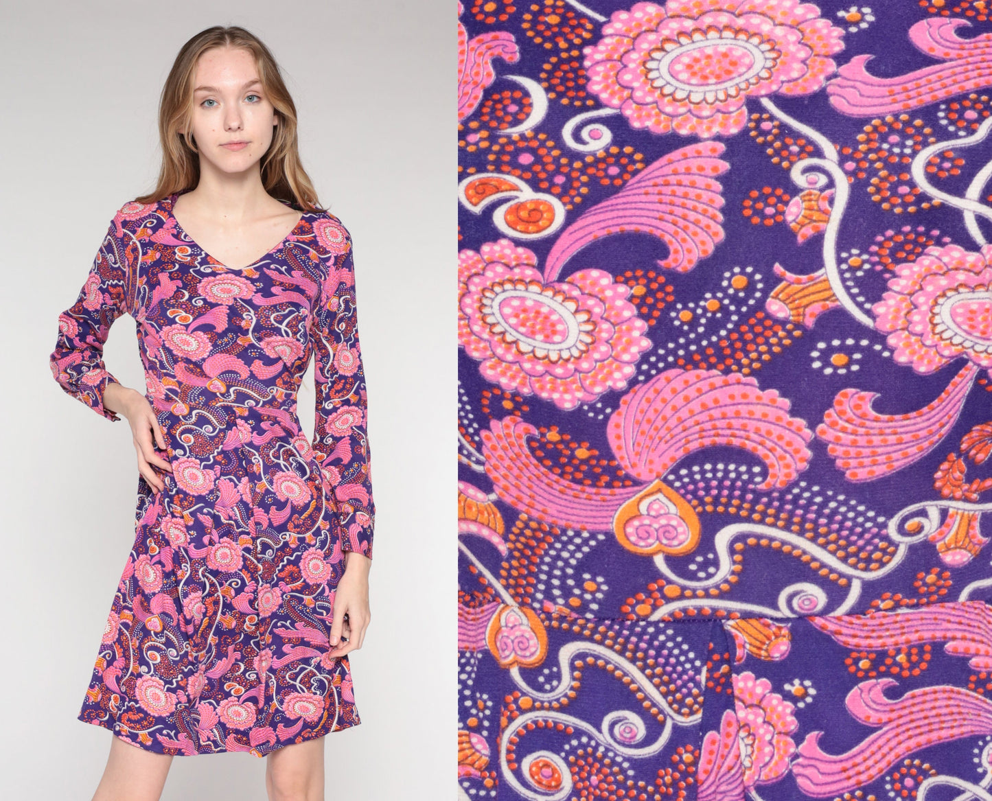 70s Purple Pink Floral Mini Dress Long Sleeve V-Neck Small S