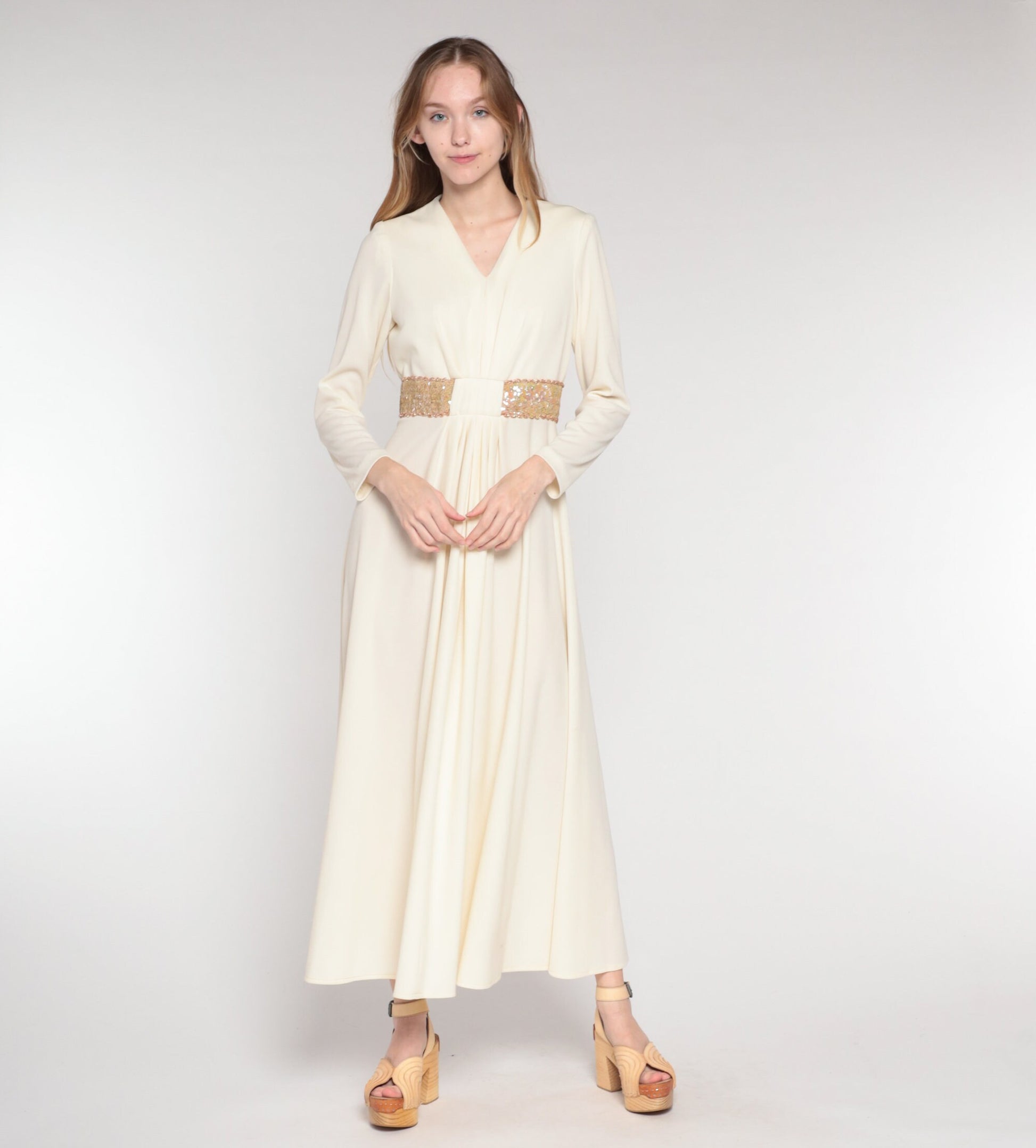70s Grecian Maxi Dress Cream Sequin V-Neck Long Sleeve Small S