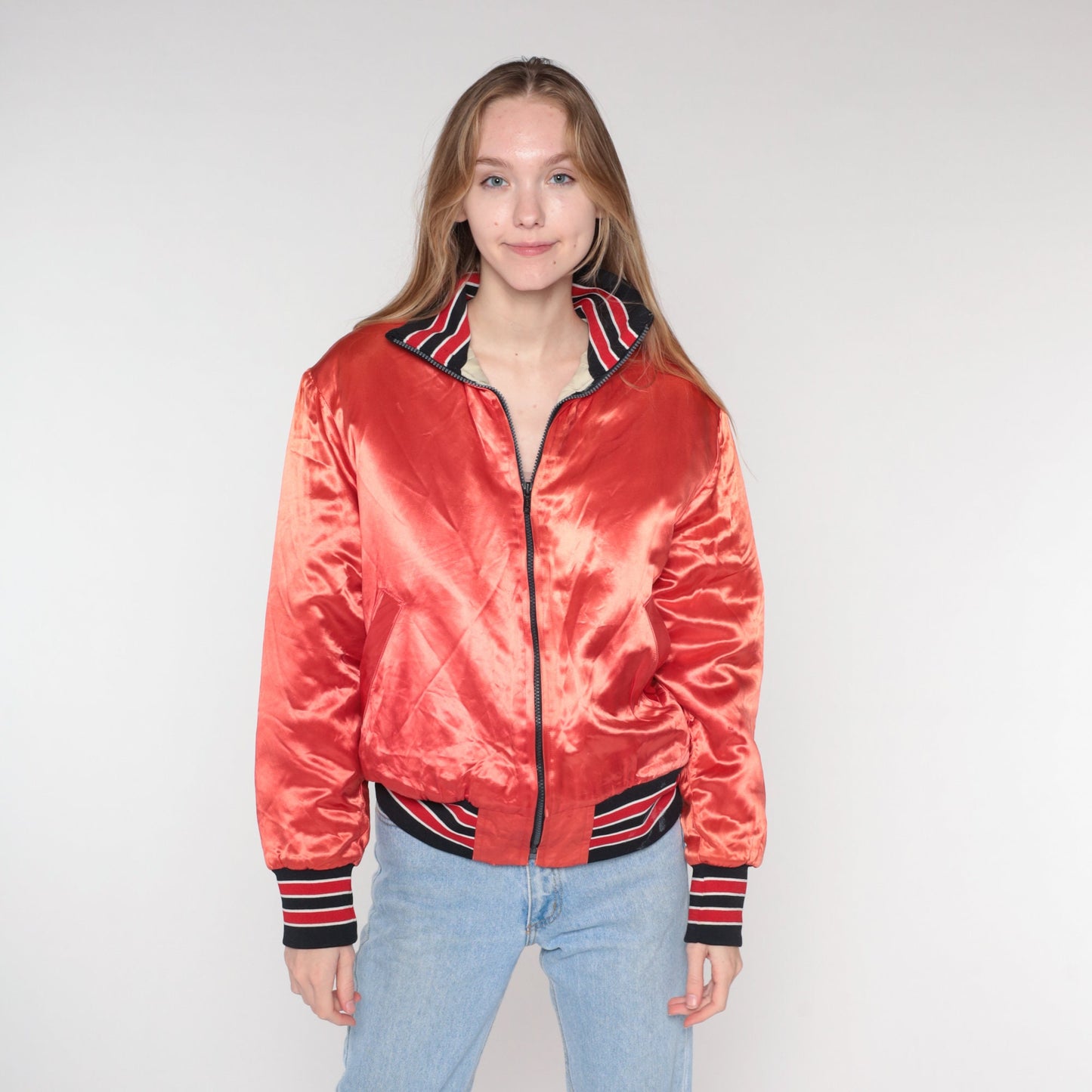 80s Red-Orange Baseball Bomber Jacket Quilted Lining Zip Up Medium
