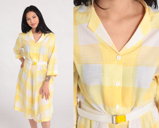 80s Blair Yellow Plaid Midi Shirtdress High Waist Button Up Medium