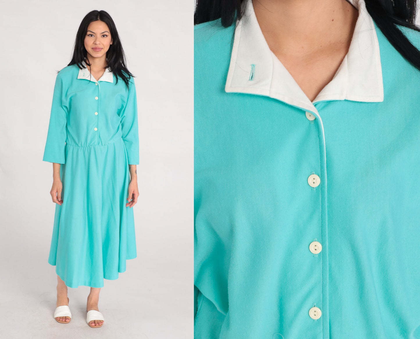 80s Mint Blue Shirtwaist Midi Dress High Waisted Button Up 3/4 Sleeve Large