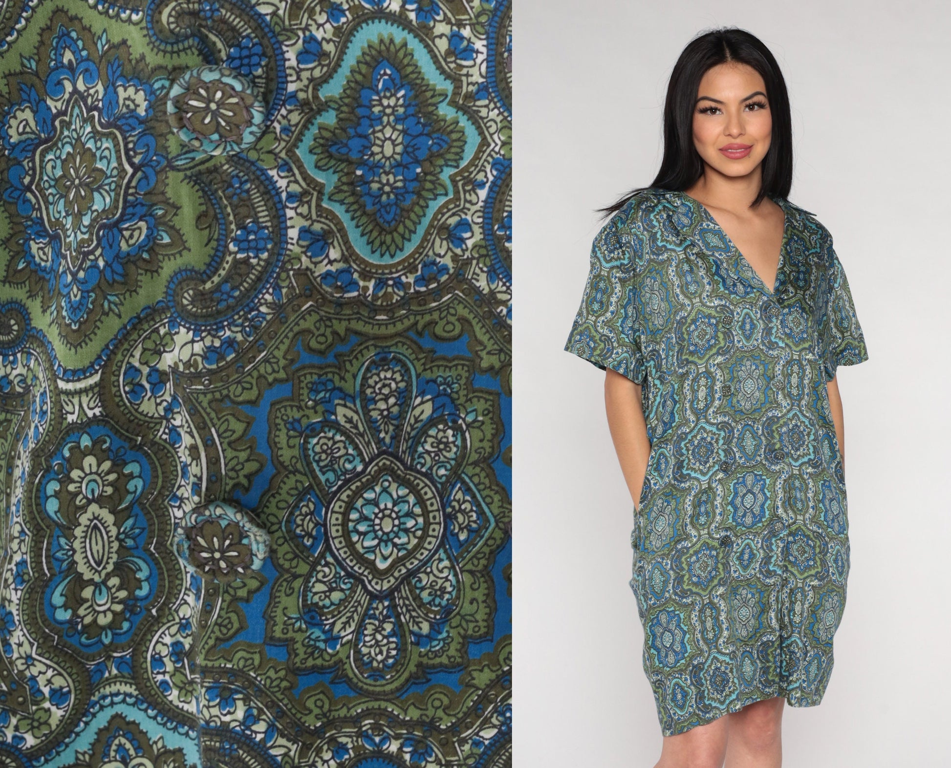 60s Geometric Floral Shirt Dress Mini Blue Green Double Breasted Large L