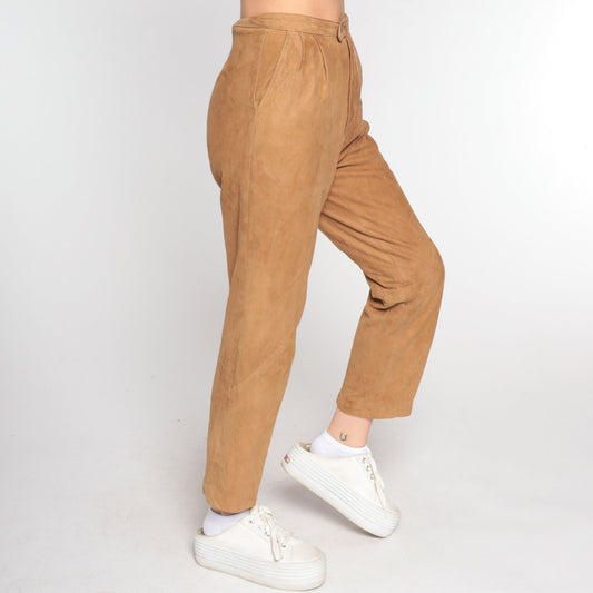 80s Brown Suede Leather Pants Straight Leg High Waist Small