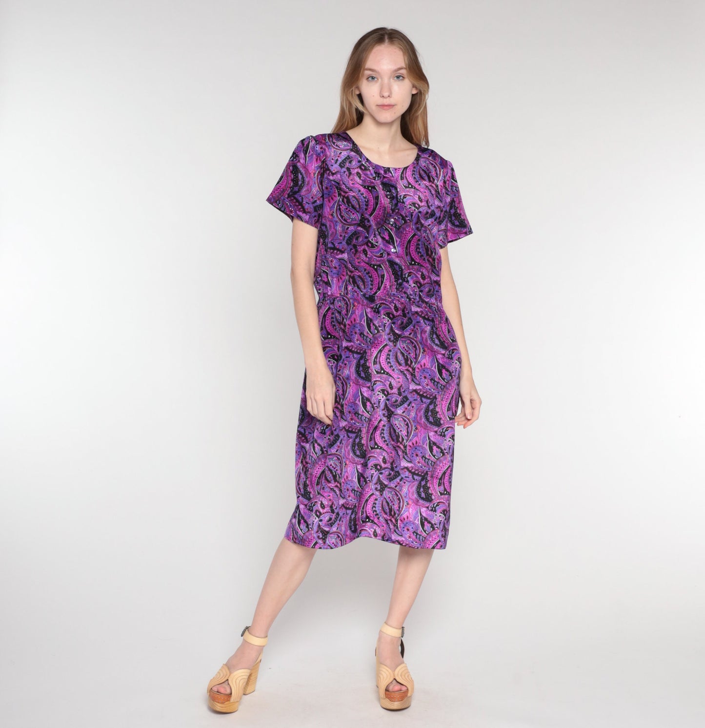 60s Paisley Shirtwaist Midi Dress Purple Pink Black Button-Up Medium Large